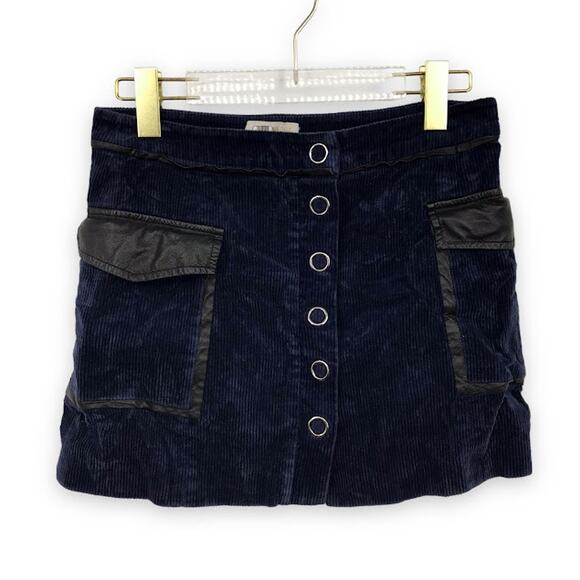 Ramy Brook Drea Mini Skirt 2 Corduroy Button Front Leather Trim Pocket Snap Navy - Picture 1 of 6